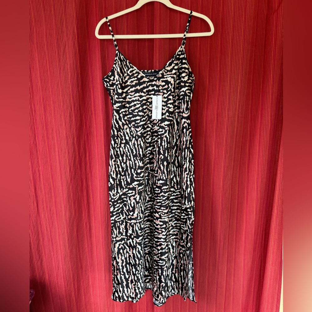 NWT Calvin Klein Jeans Minimal Strappy Silky Animal Print slip dress, NEW Size M